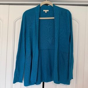 Eileen Fisher Blue Ribbed Knit 100% Organic Cotton Cardigan Sweater